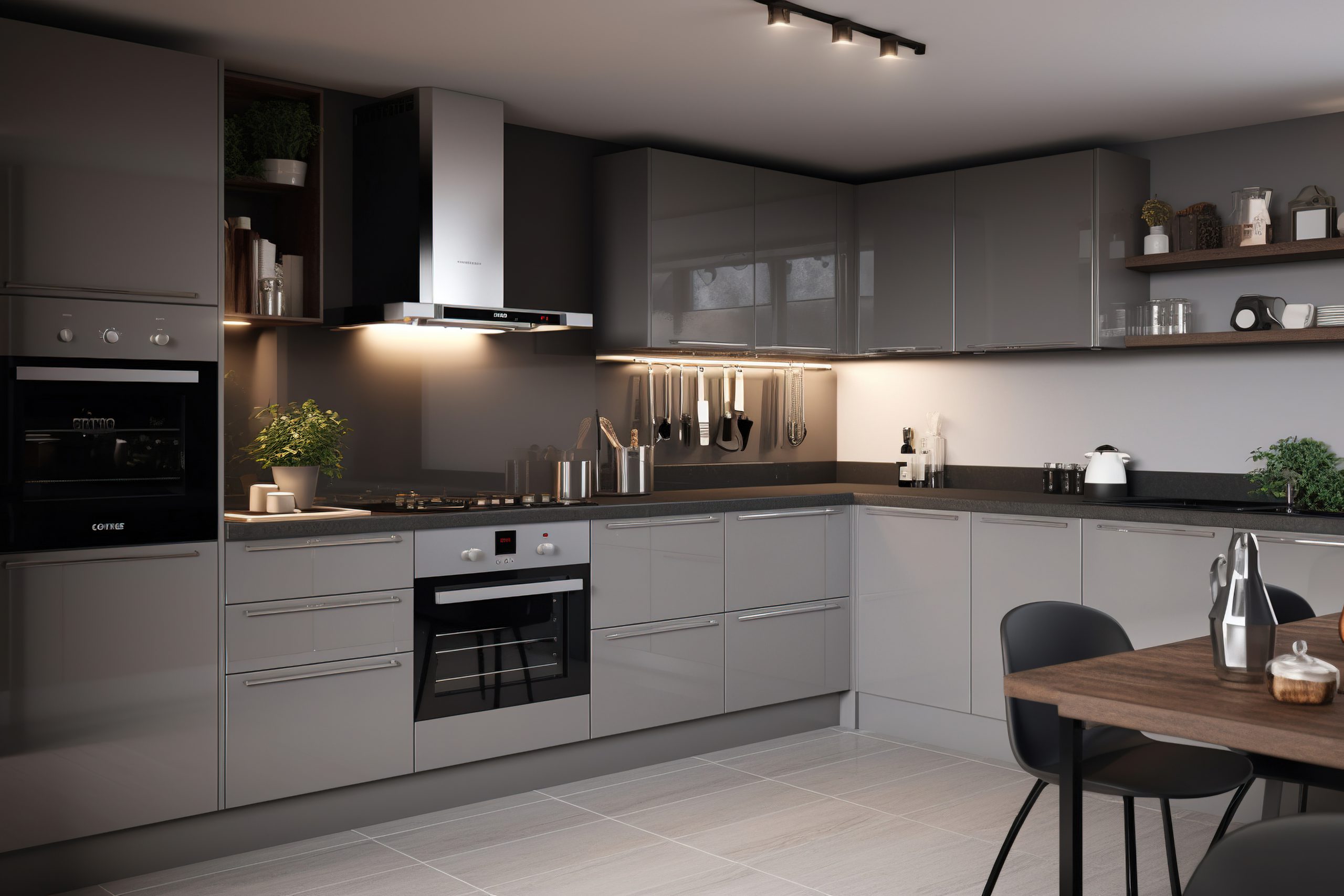 Grey modern kitchen interior, sleek and functional design